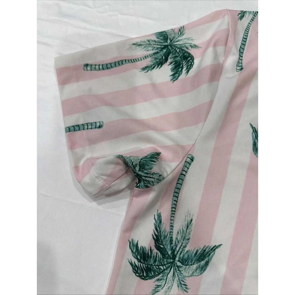 Kenny Flowers Polo Shirt Mens Sz M Pink White Palm Tree Stripe Stretch Portugal